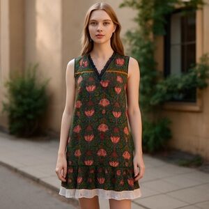 Matilda Jane Green Floral sleeveless Dress with white lace - cottagecore casual